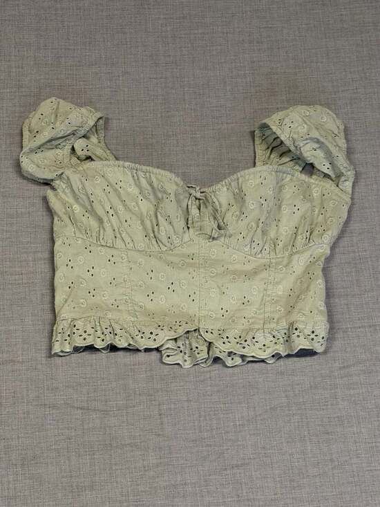 Hollister Tops - Hollister Sage Green Eyelet Crop Top with Puff Sleeves and Smocked Back